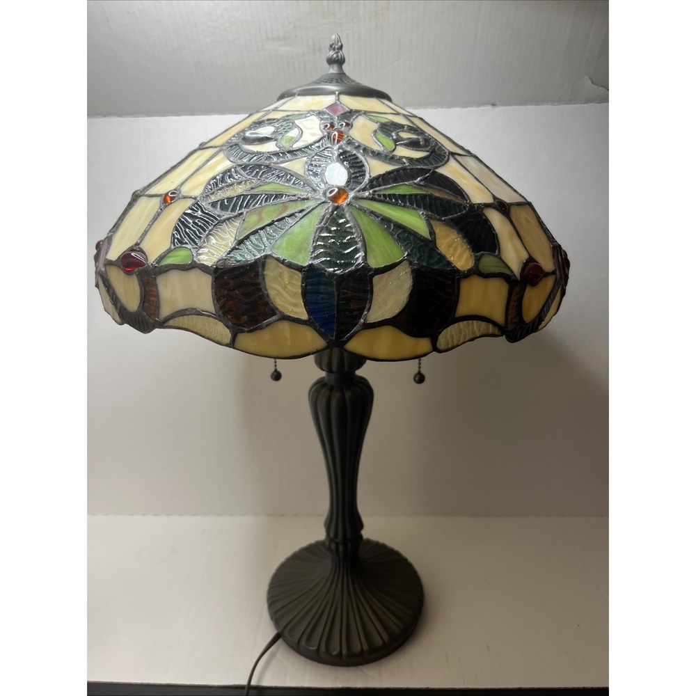 Tiffany Style Stained Plastic Floral Dome Shade Table Lamp Pull Chain Bronze